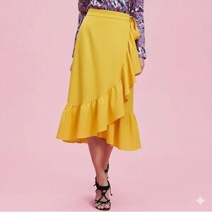 NWT La DoubleJ Bright Yellow Ruffle Faux Wrap Jazzy Skirt Midi Sz M